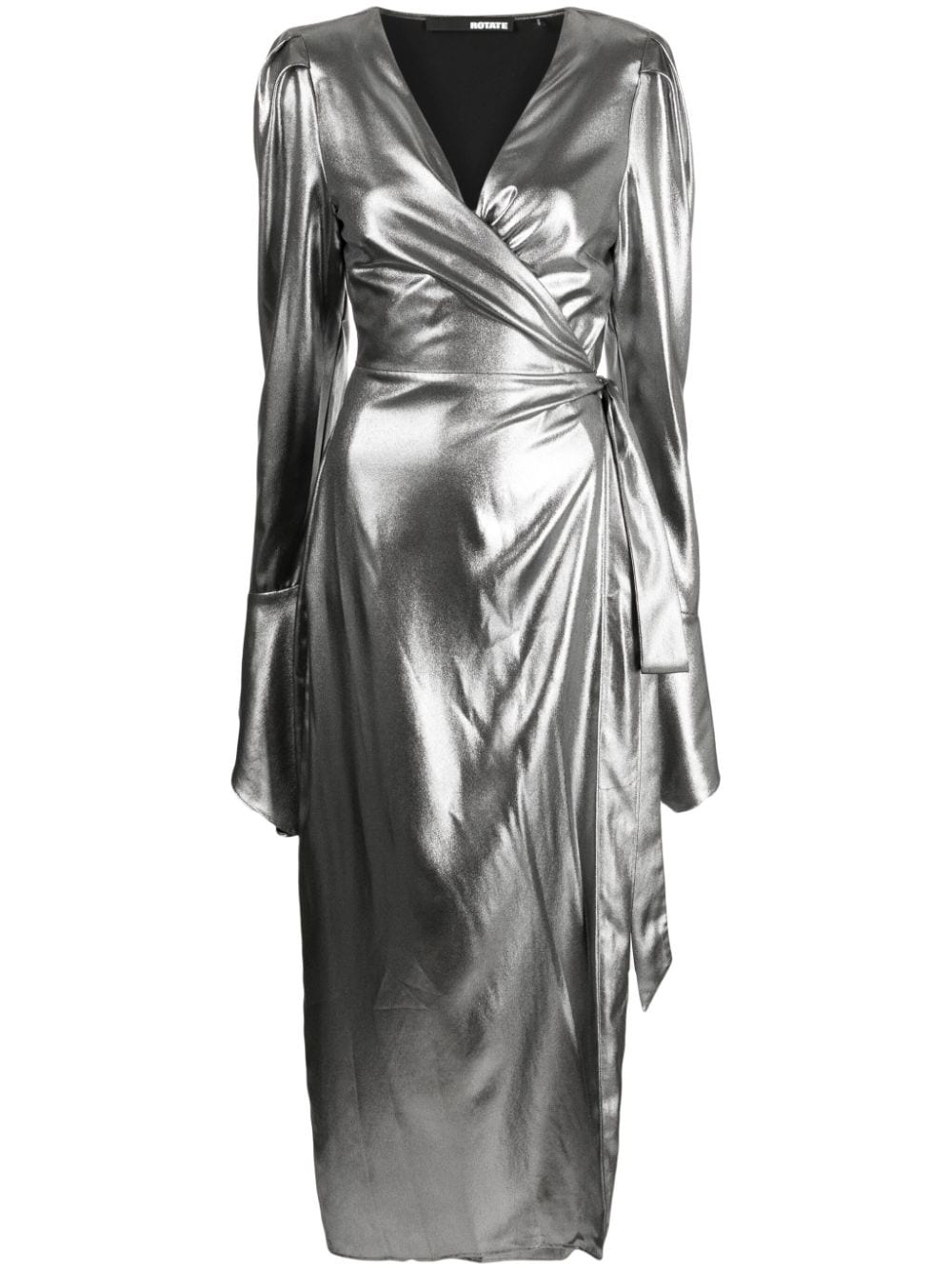 Rotate Birger Christensen Metallic Wrap Midi Dress In Silver