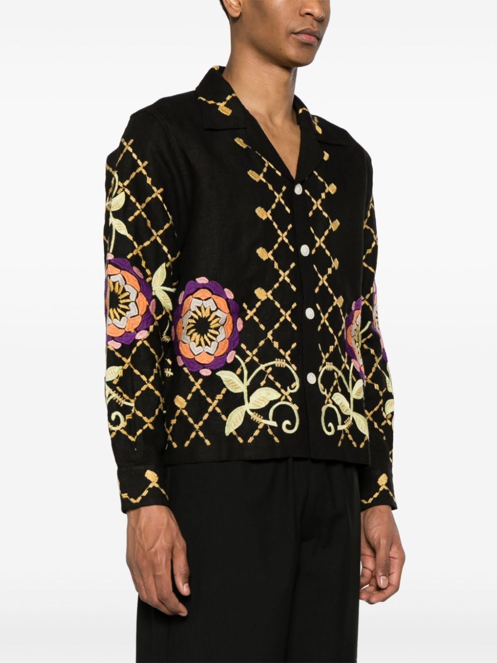 Shop Bode Pinwheel Floral-embroidered Linen Shirt In Black