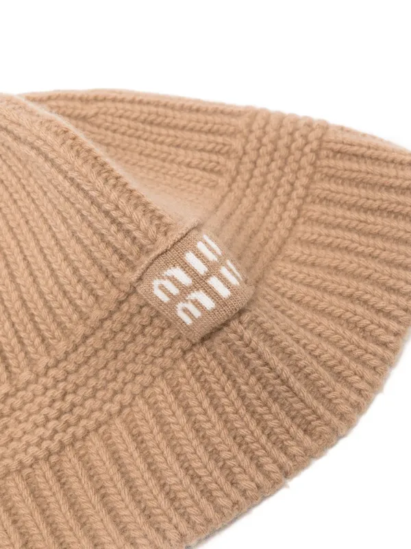 Miu Miu intarsia-logo Ribbed Beanie | Brown | FARFETCH UK