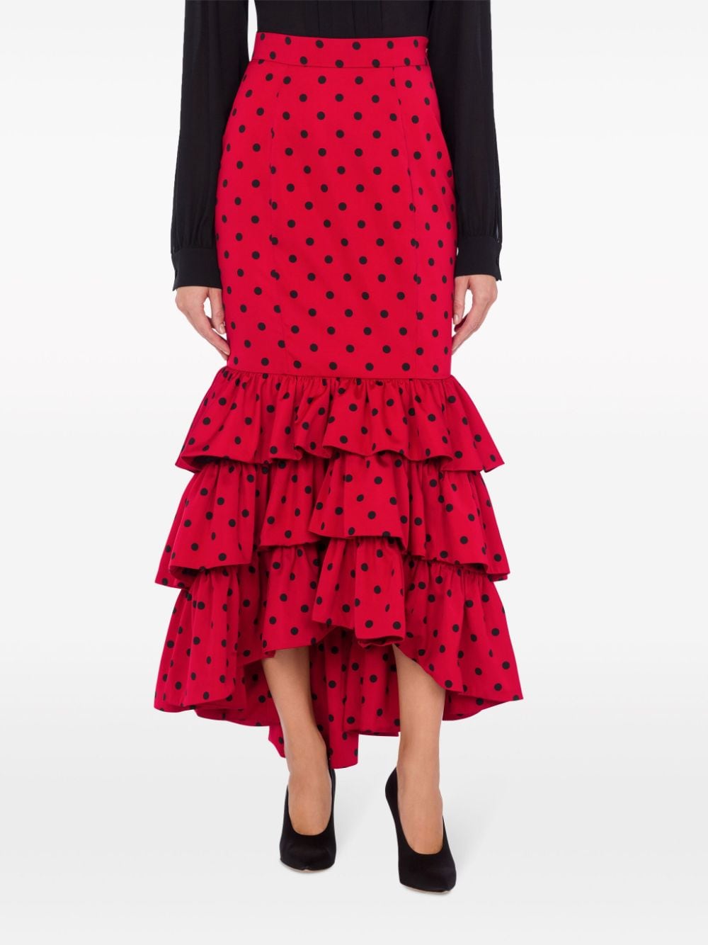Shop Moschino Polka-dot Ruffled Skirt In Red
