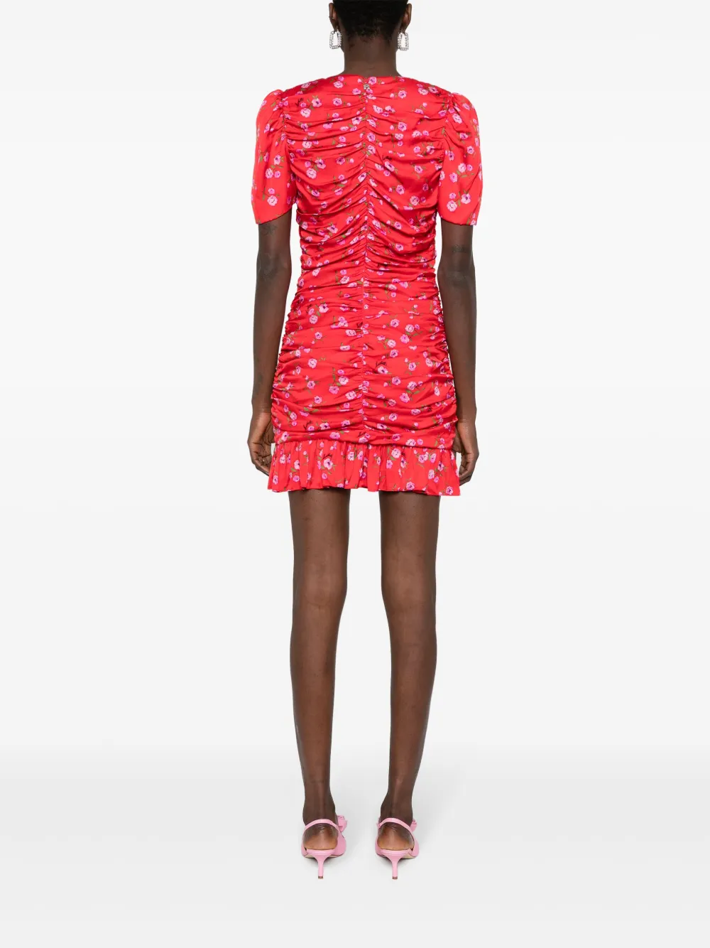 Shop Rotate Birger Christensen Floral-print Ruched Mini Dress In Red