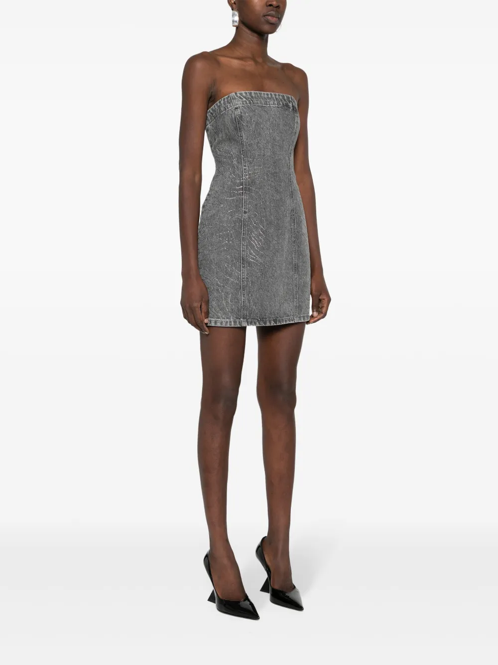 Shop Rotate Birger Christensen Herla Rhinestone Denim Dress In Grey