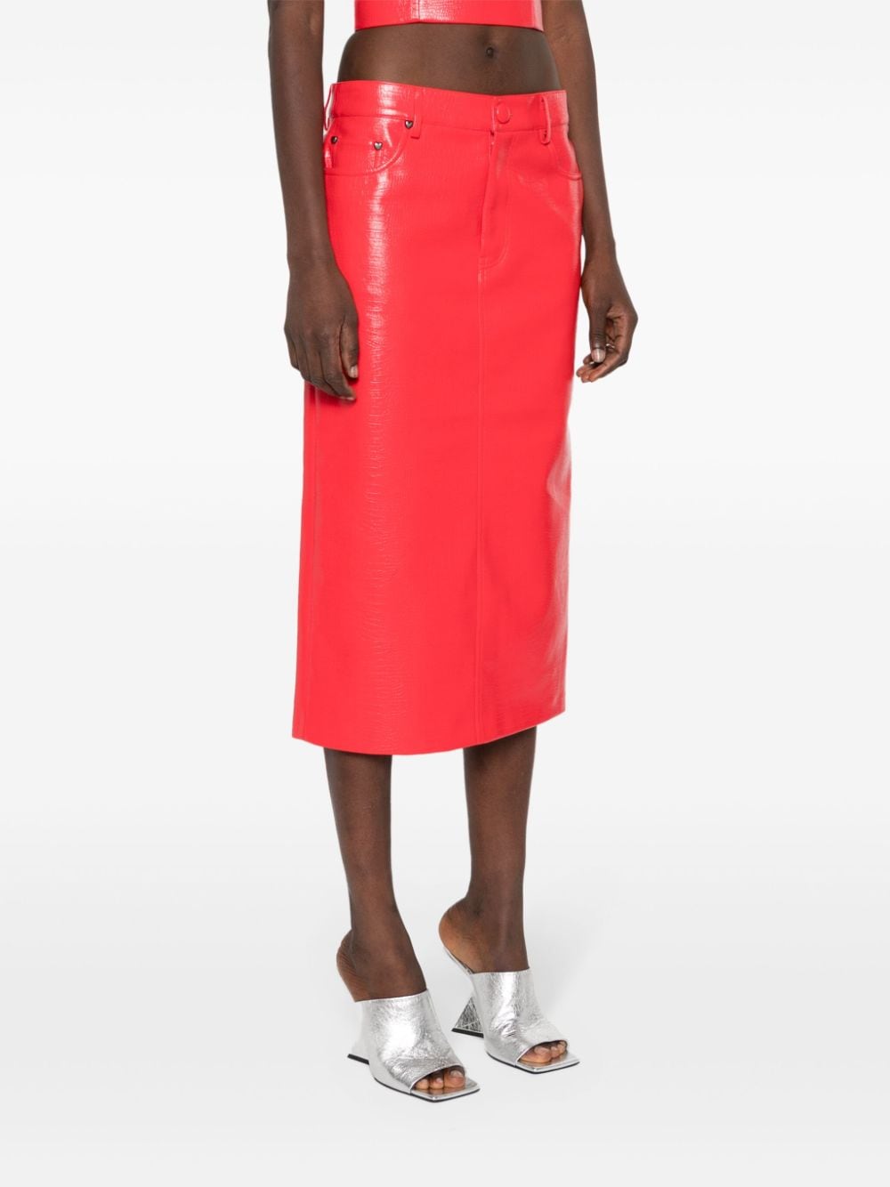 Shop Rotate Birger Christensen Crocodile-effect Midi Skirt In Red