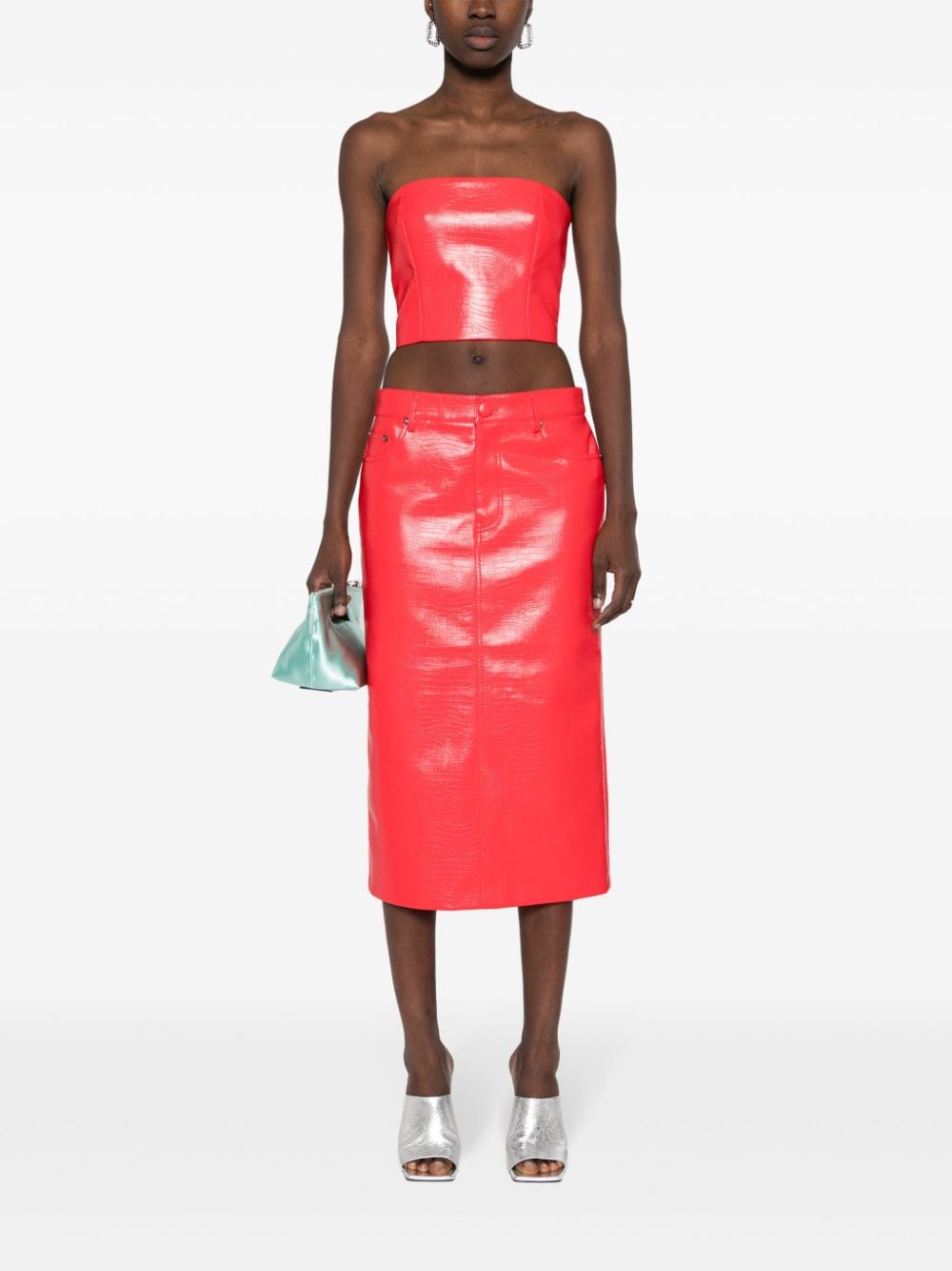 Shop Rotate Birger Christensen Crocodile-effect Midi Skirt In Red