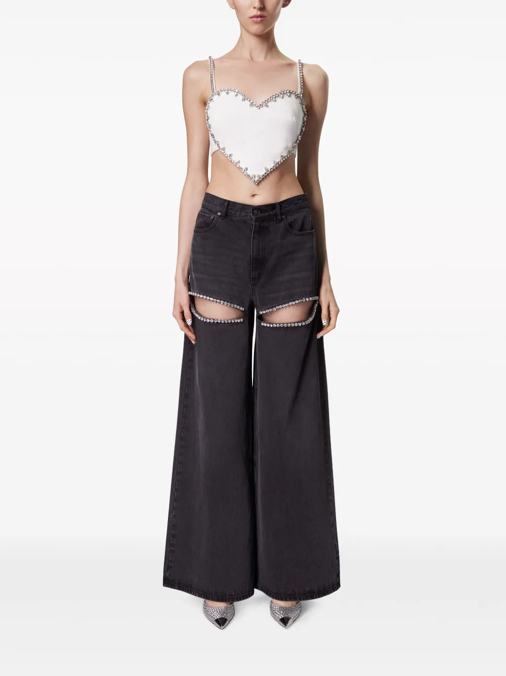 Shop Area Crystal-embellished High-rise Wide-leg Jeans In Schwarz