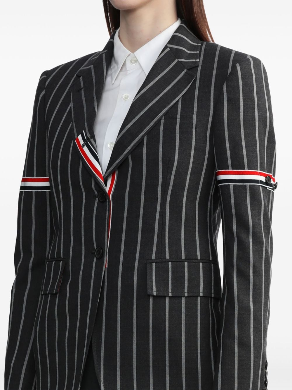Shop Thom Browne Rwb-stripe Pinstripe Wool Blazer In Grey