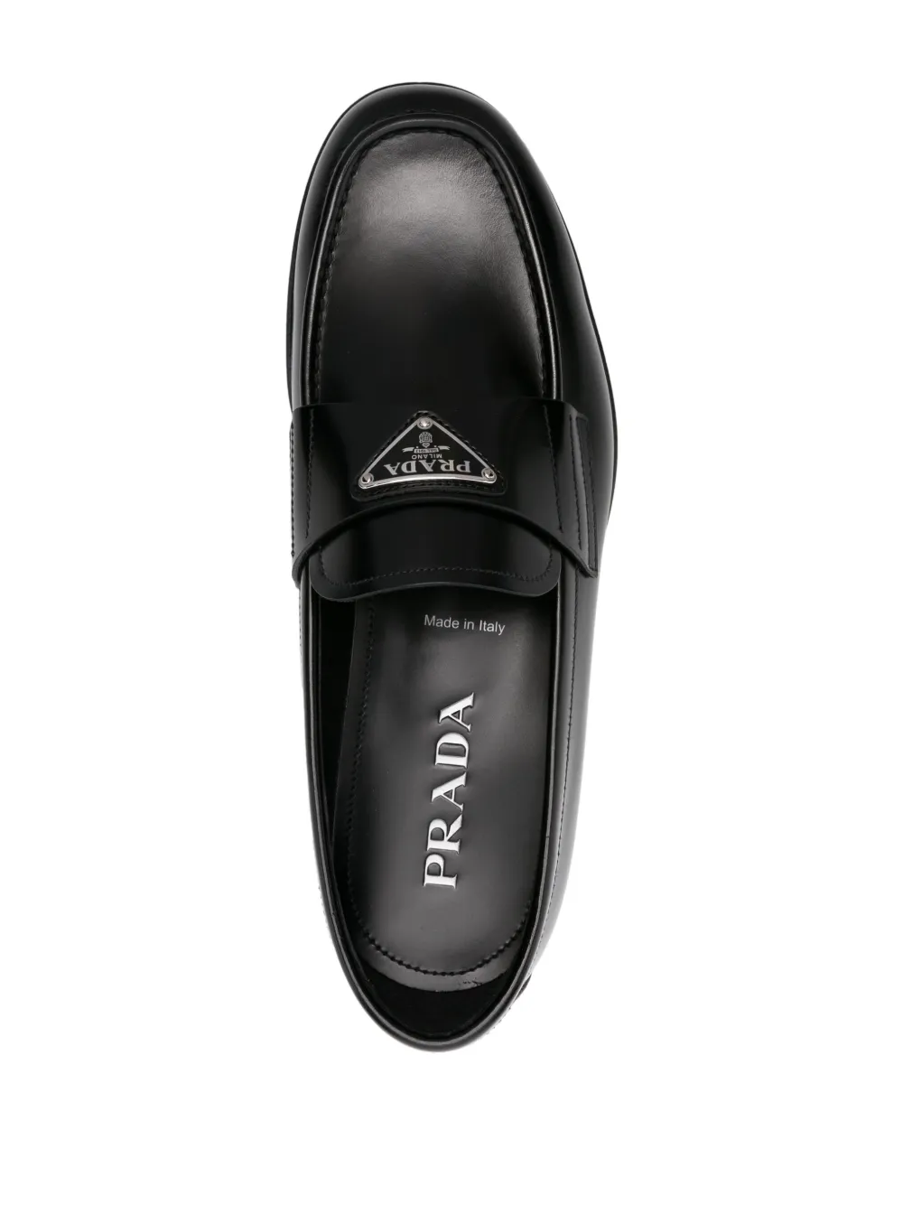 Shop Prada Enamel-triangle Leather Loafers In Schwarz