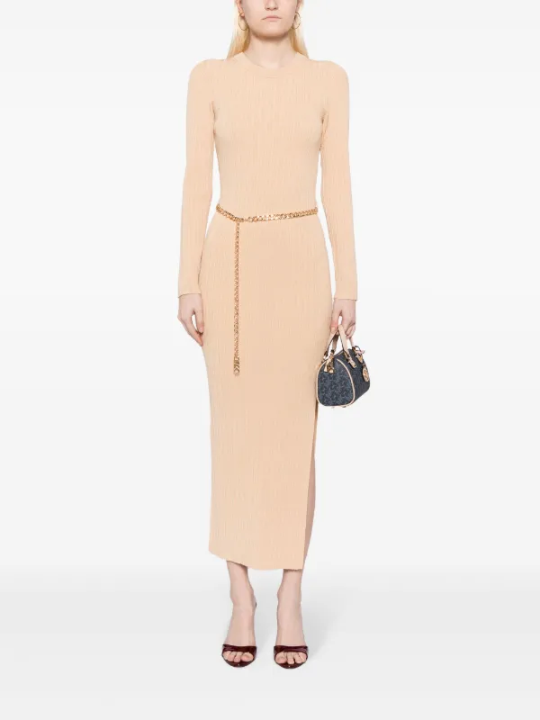 Michael Kors chain-belt ribbed-knit Midi Dress Brown FARFETCH EG