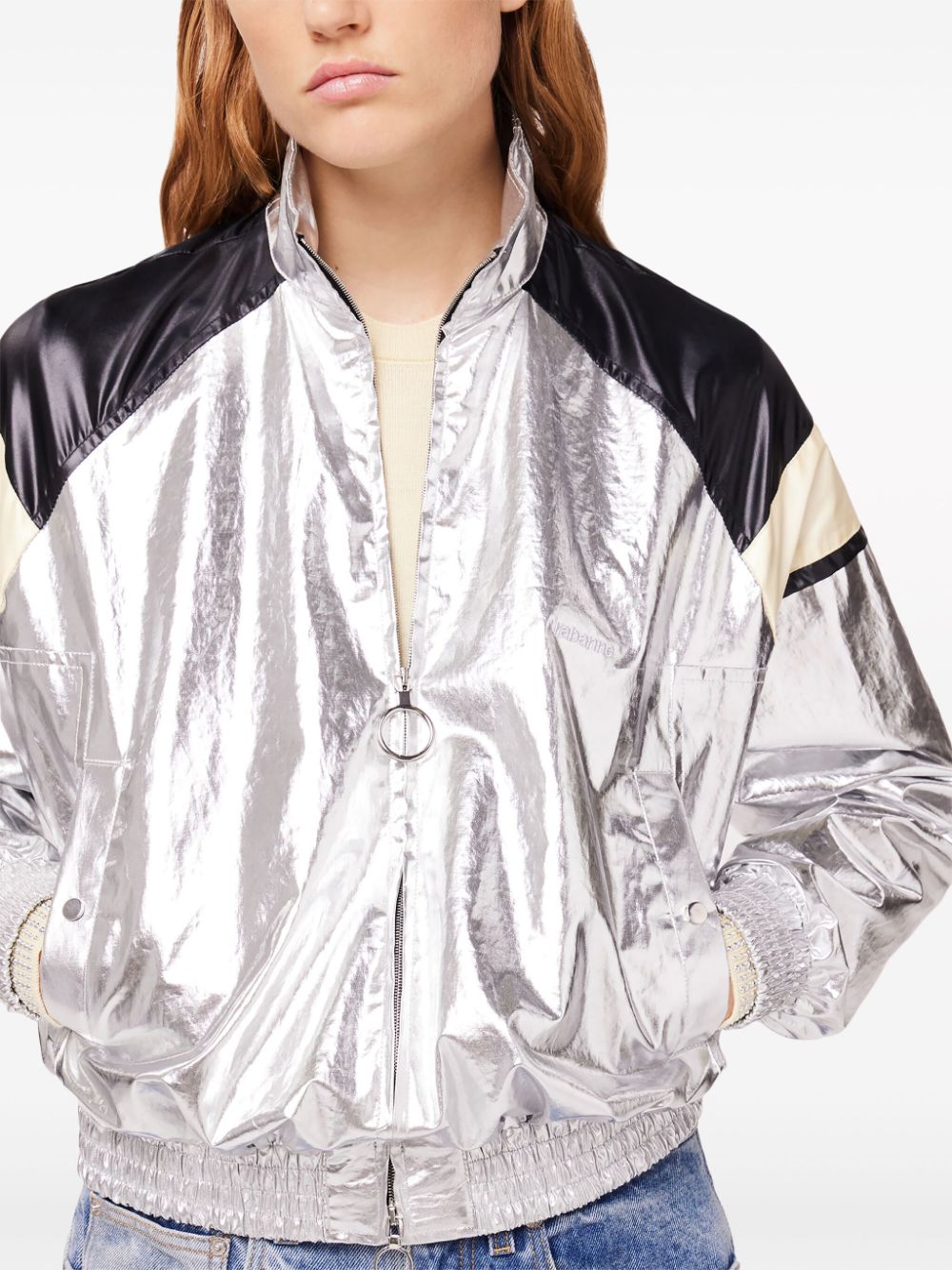 Buy cheap products Rabanne metallic-finish stand-up collar jacket Women