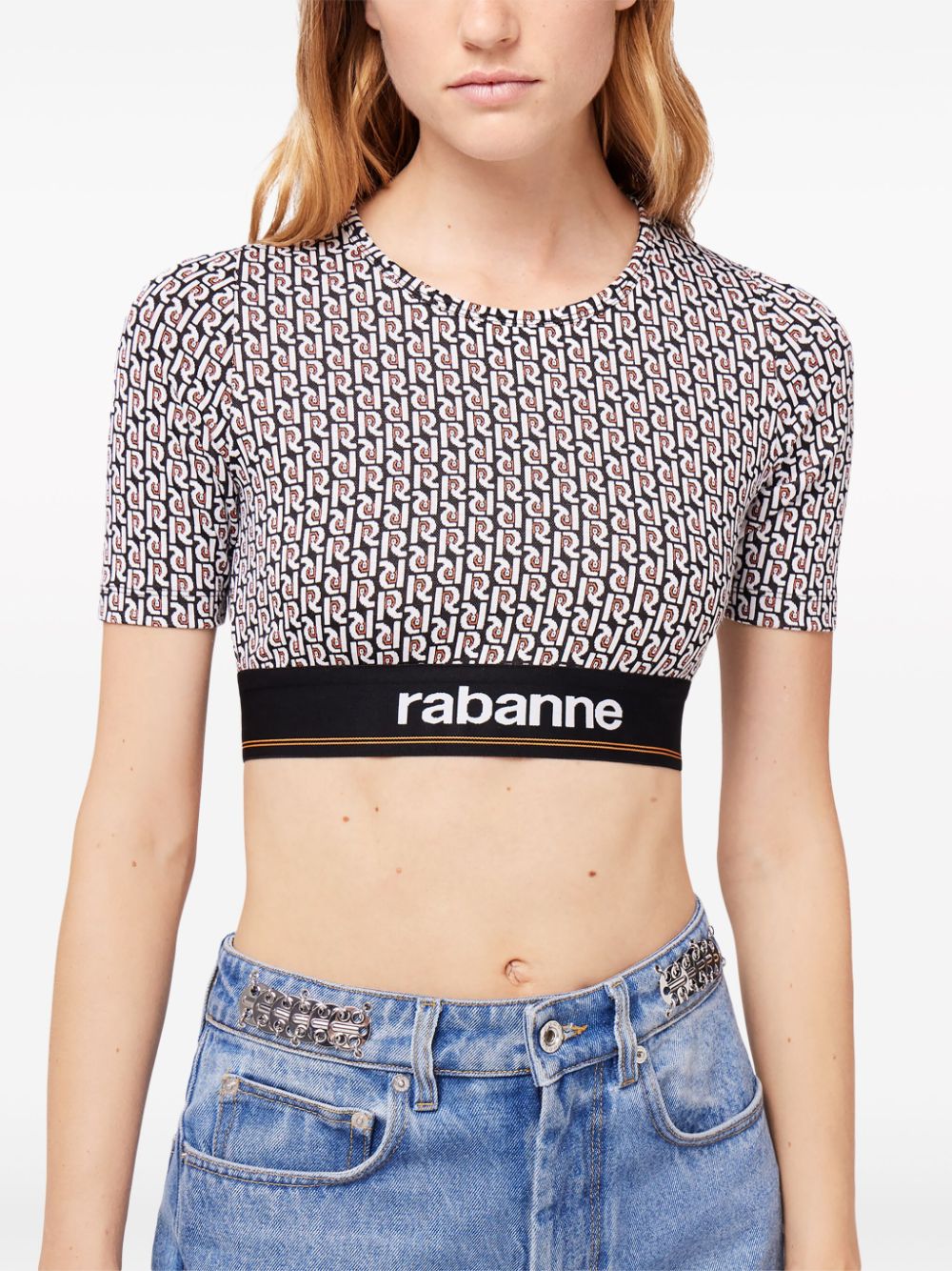 Shop Rabanne Monogram-print Cropped T-shirt In Black