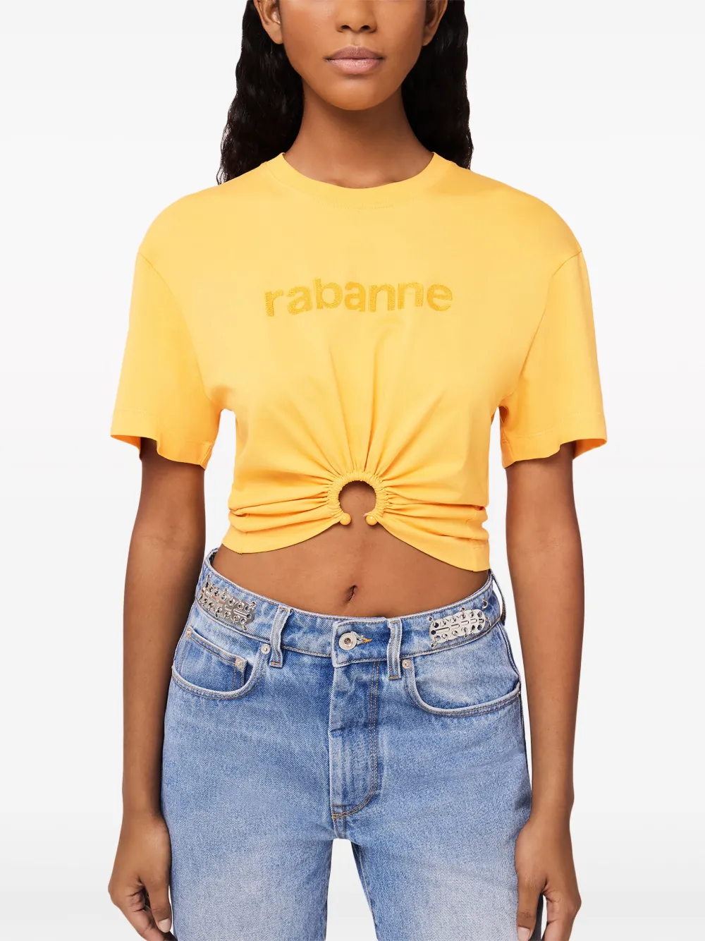 Shop Rabanne Ring-detail Cropped T-shirt In Yellow