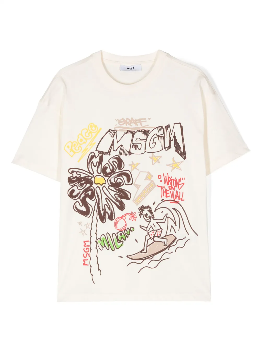 Msgm Graphic-print Cotton T-shirt In Neutrals