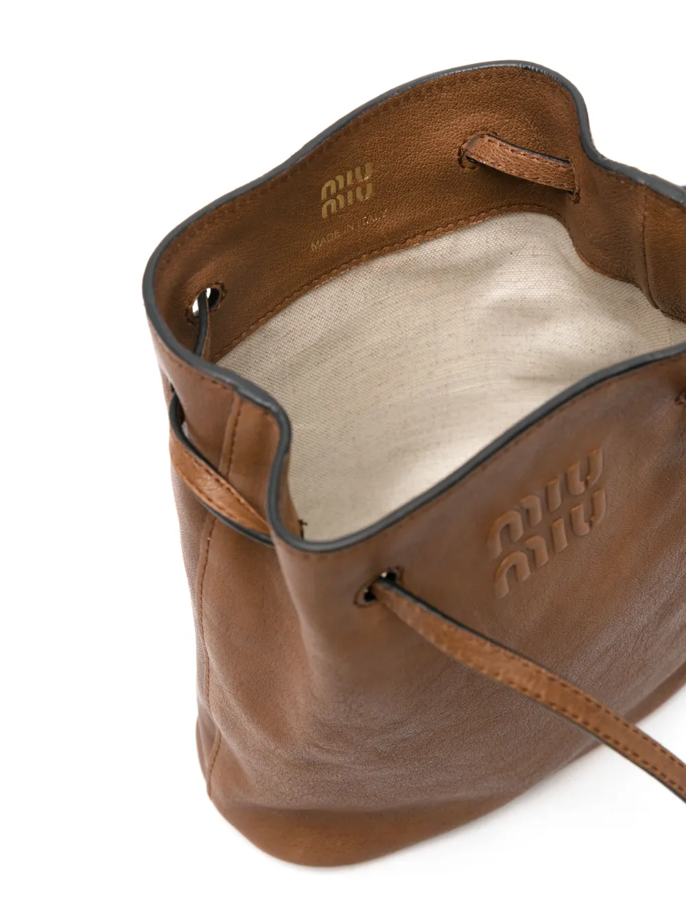 Miu Bucket-tas met logo-reliëf Bruin