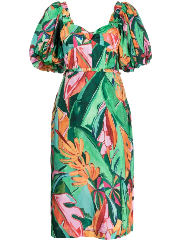 knee length dresses for ladies Multicolor Banana Foliage Puff Sleeve Midi Dress – FARM Rio