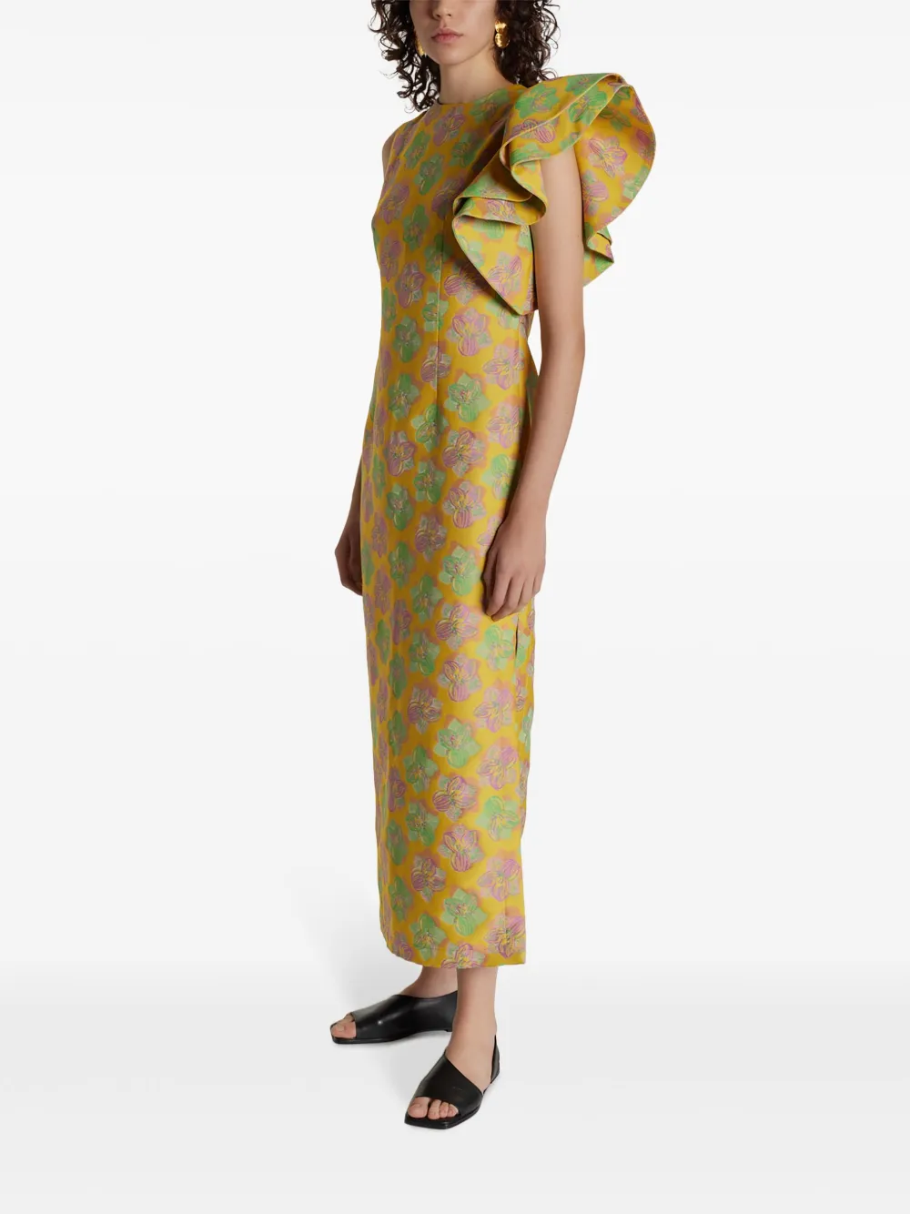  Destree One-shoulder Floral Midi-dress - Yellow 
