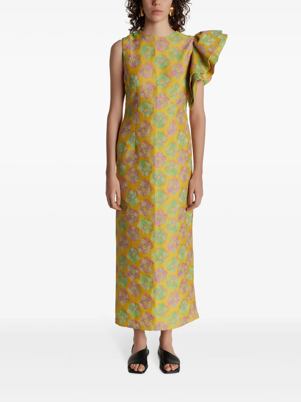  Destree One-shoulder Floral Midi-dress - Yellow 