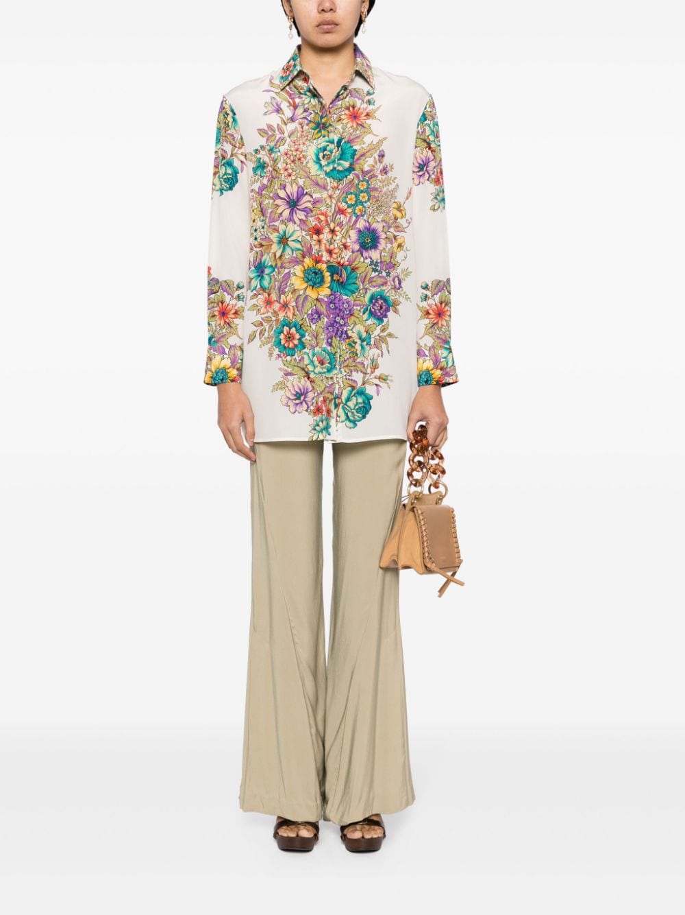 Shop Etro Floral-print Silk Shirt In Neutrals