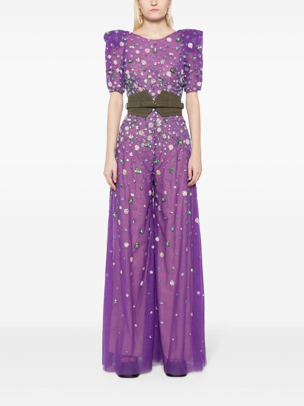 Shop Saiid Kobeisy Embellished Tulle Jumpsuit In Purple