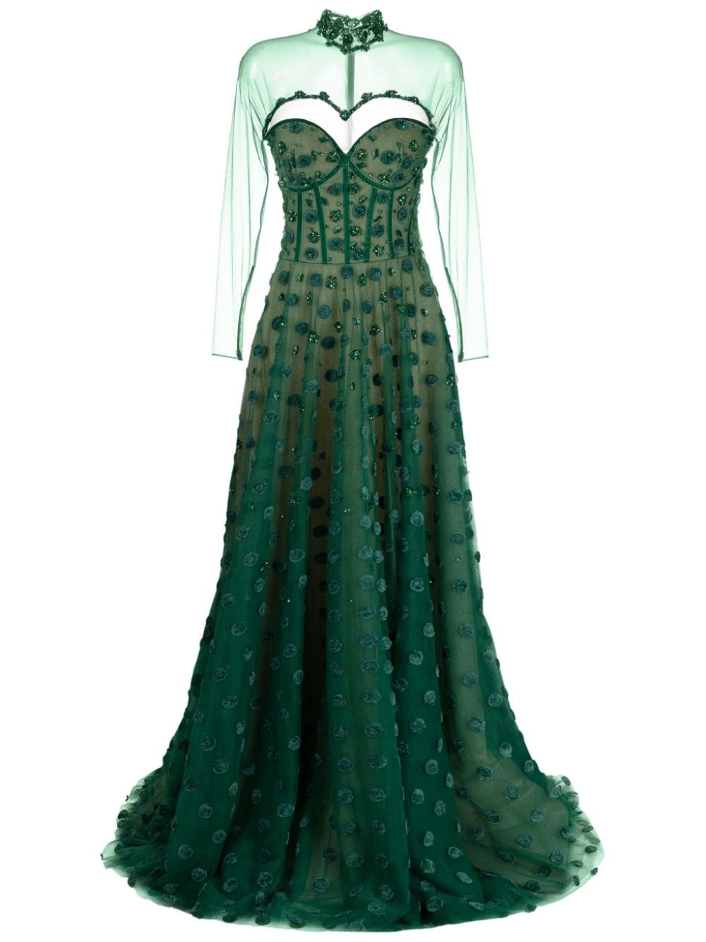 Saiid Kobeisy Polka Dot Beaded Tulle Gown In Green