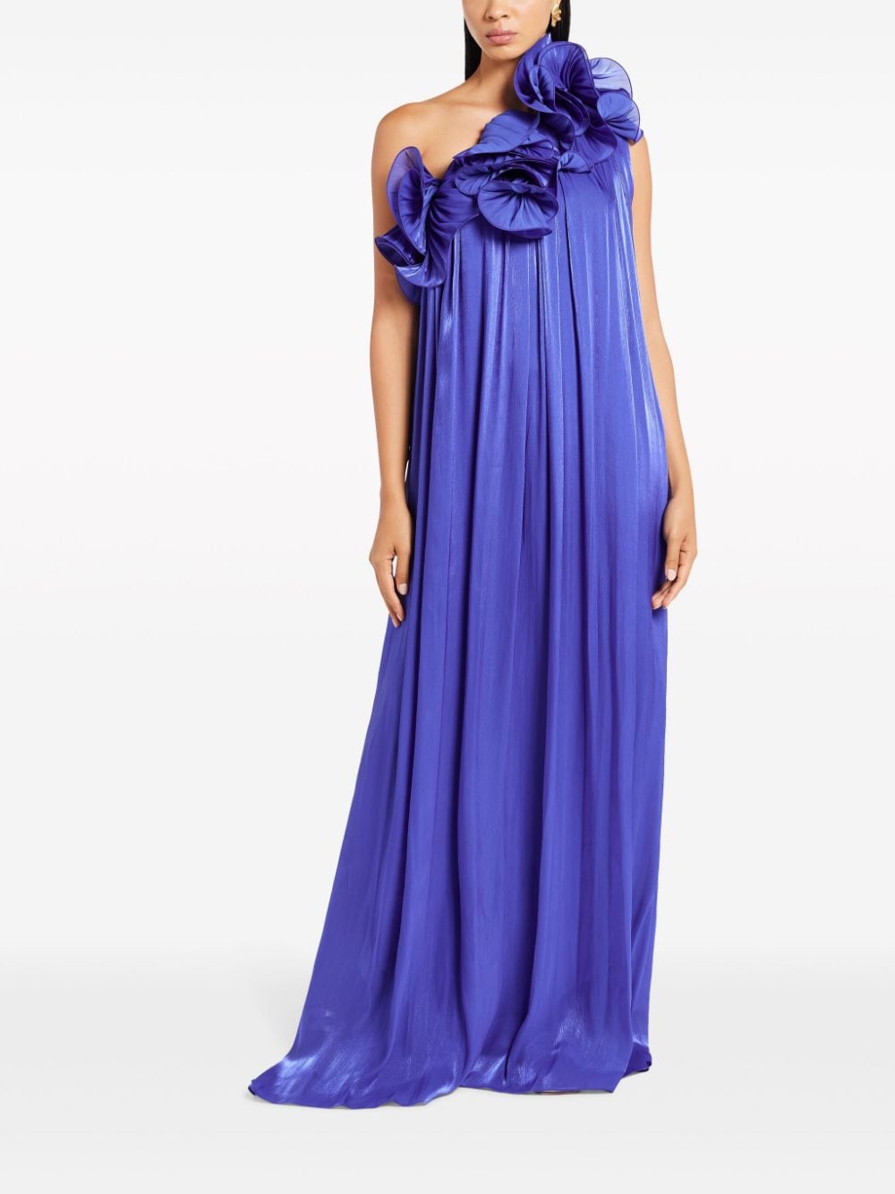Shop Costarellos Flower-appliqué One-shoulder Gown In Blau