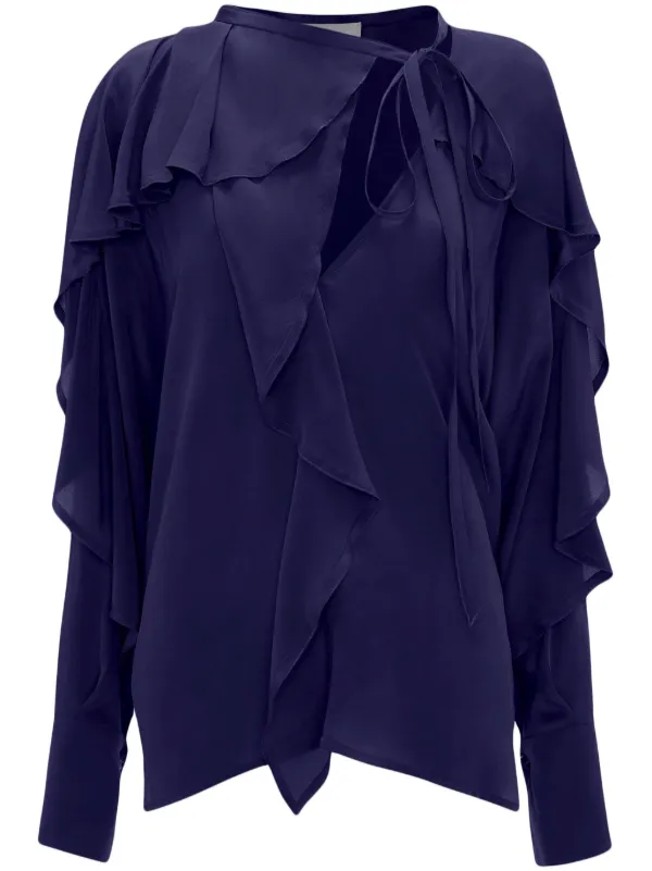 Victoria Beckham tie-detail Ruffled Silk Blouse Blue FARFETCH IN