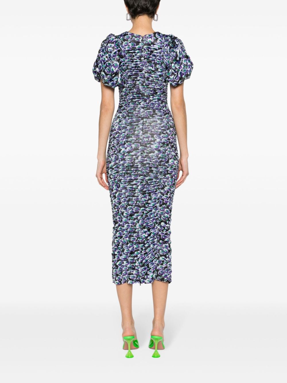 Shop Rotate Birger Christensen Floral-print Ruched Midi Dress In Black