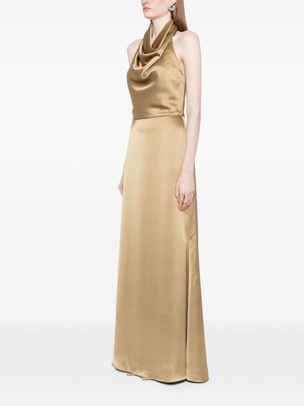 Shop Amsale Cowl Halterneck Satin Gown In Gold