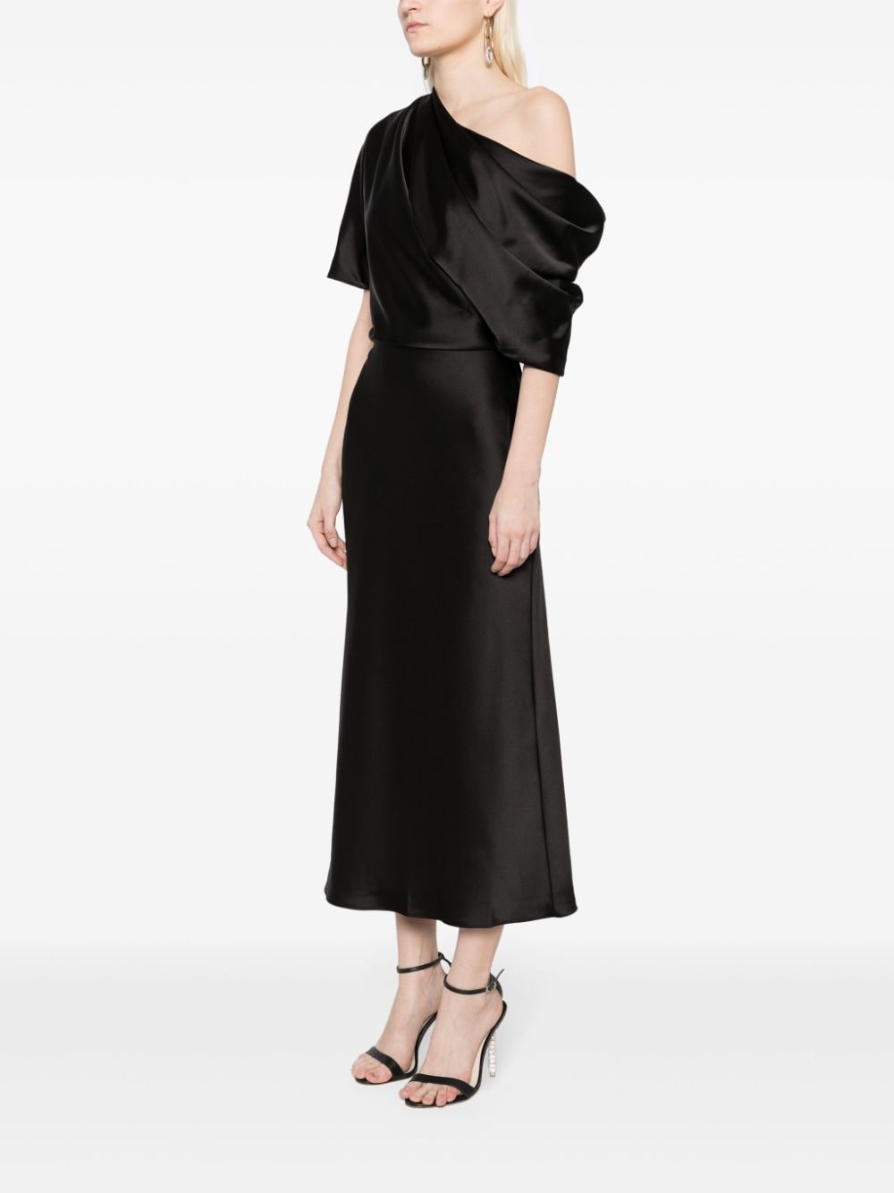 Shop Amsale Off-shoulder Draped Midi Dress In Black