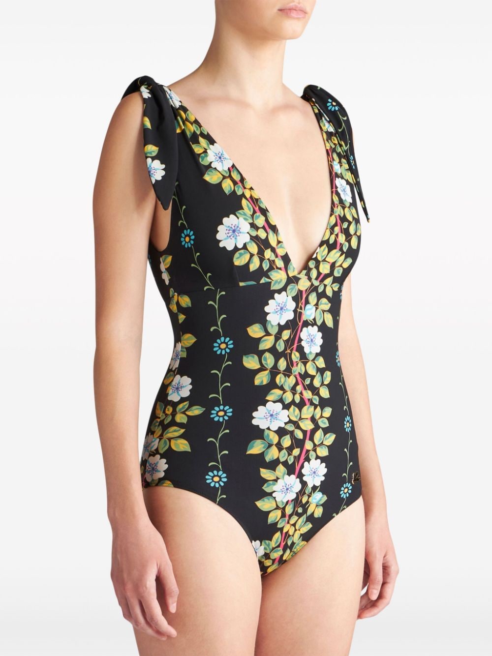 Shop Etro Floral-print V-neck Swimsuit In Black