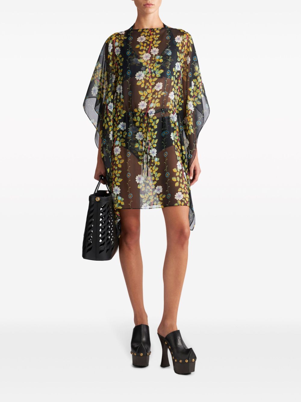 Shop Etro Floral-print Kaftan Minidress In Black