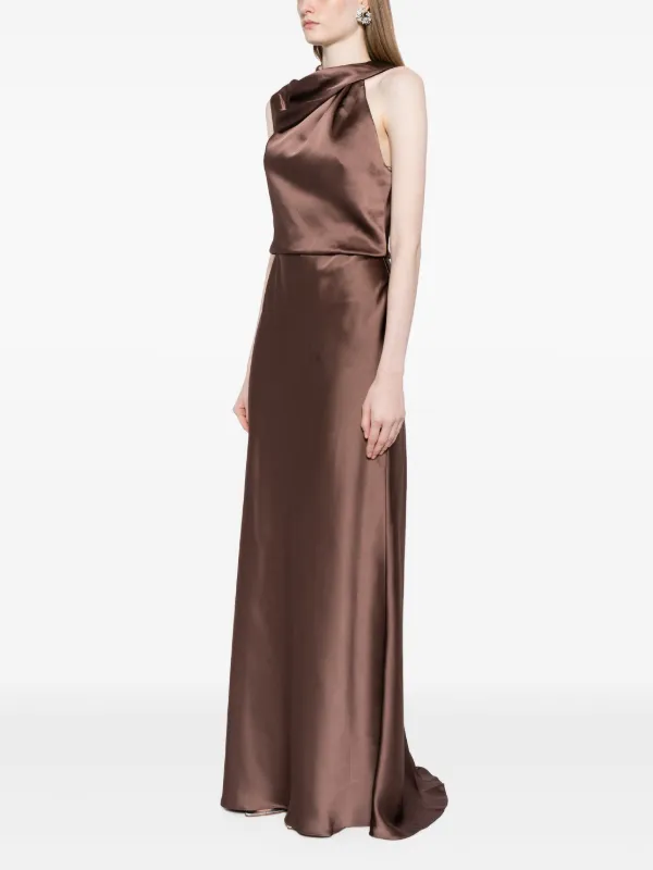 brown satin asymmetrical dress Arah Asymmetric Satin Lace Midi Dress in Brown Dress, Women's Asymmetric Midi Dress, Satin Lace V-Neck Sleeveless Open-Back, SOERA main image 0