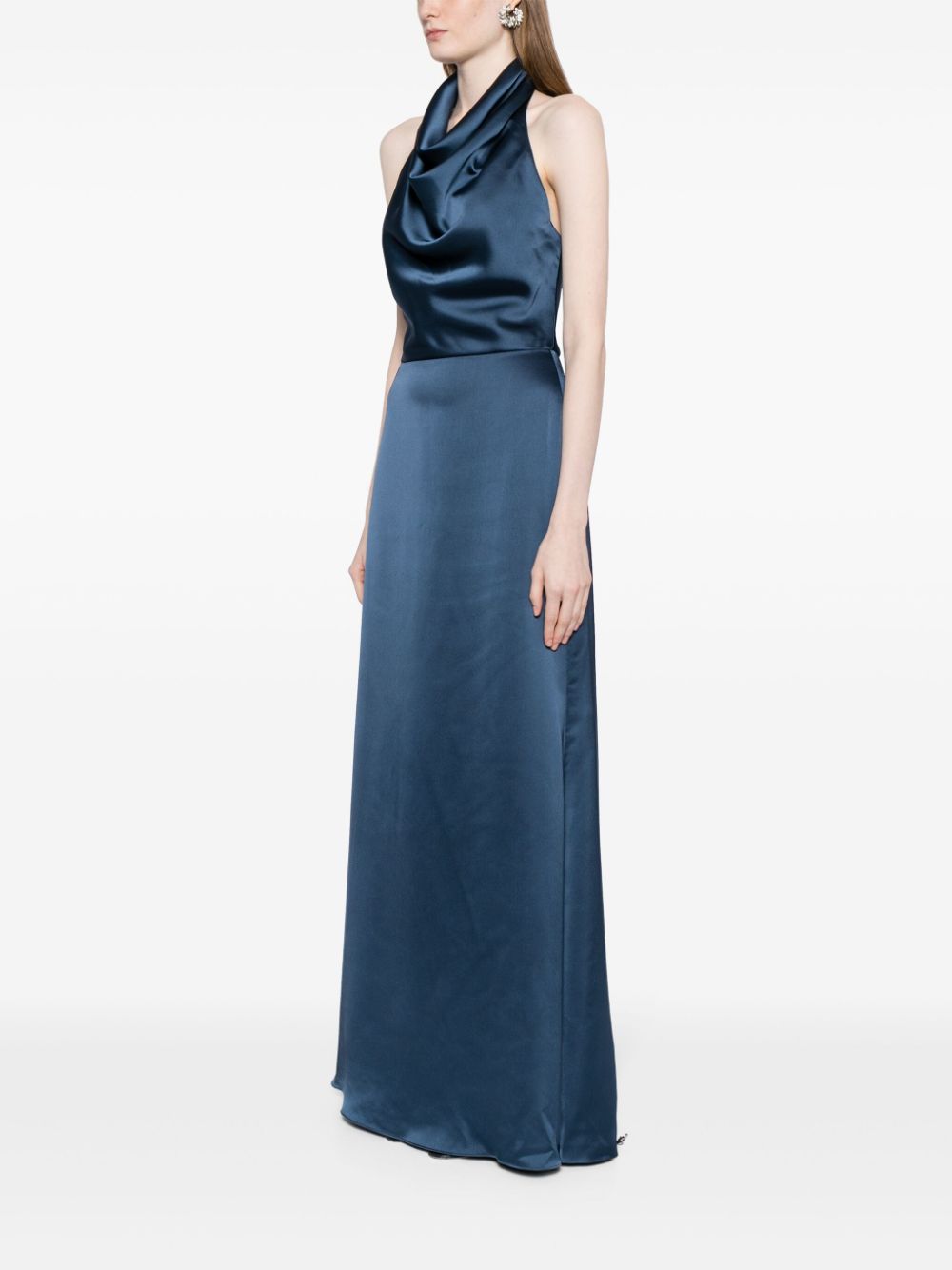 Shop Amsale Cowl Halterneck Satin Gown In Blue