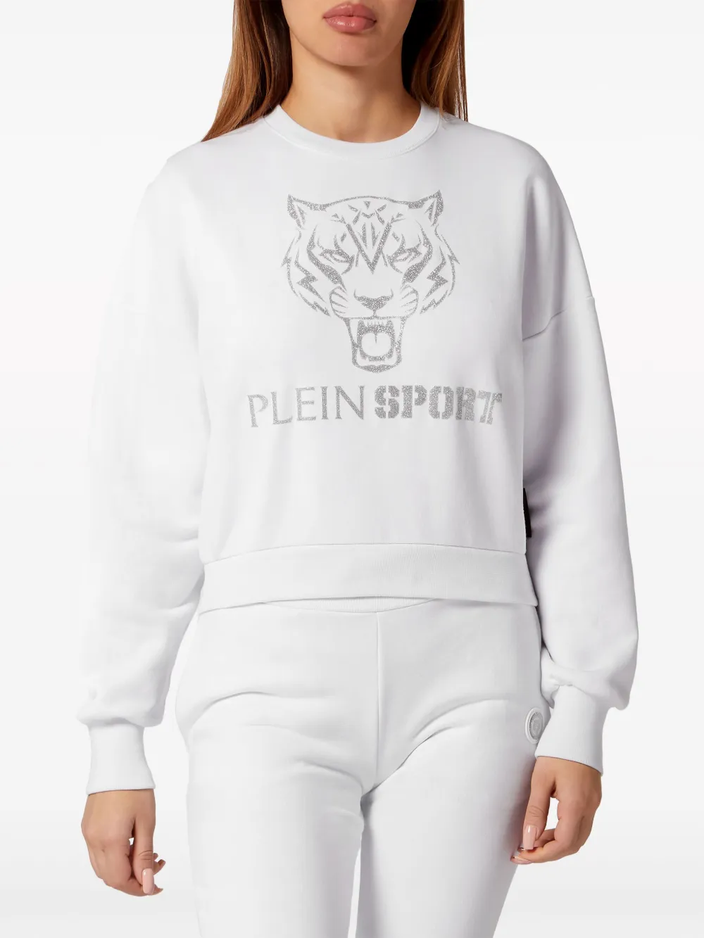 Shop Plein Sport Tiger-print Cropped Sweatshirt In White