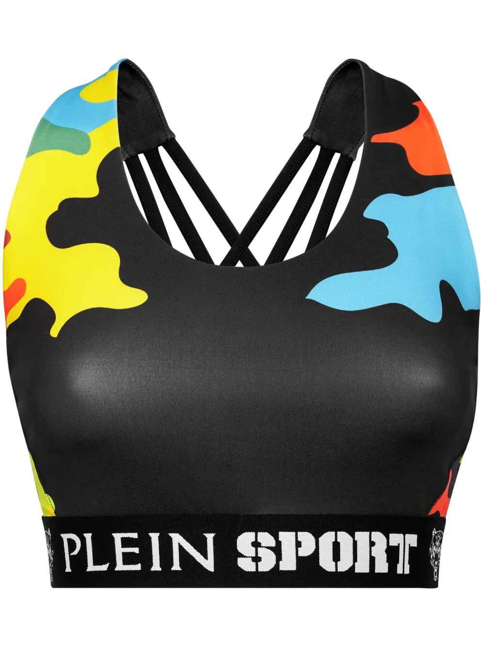 Plein Sport Camouflage-print Crossover-strap Sports Bra In Black