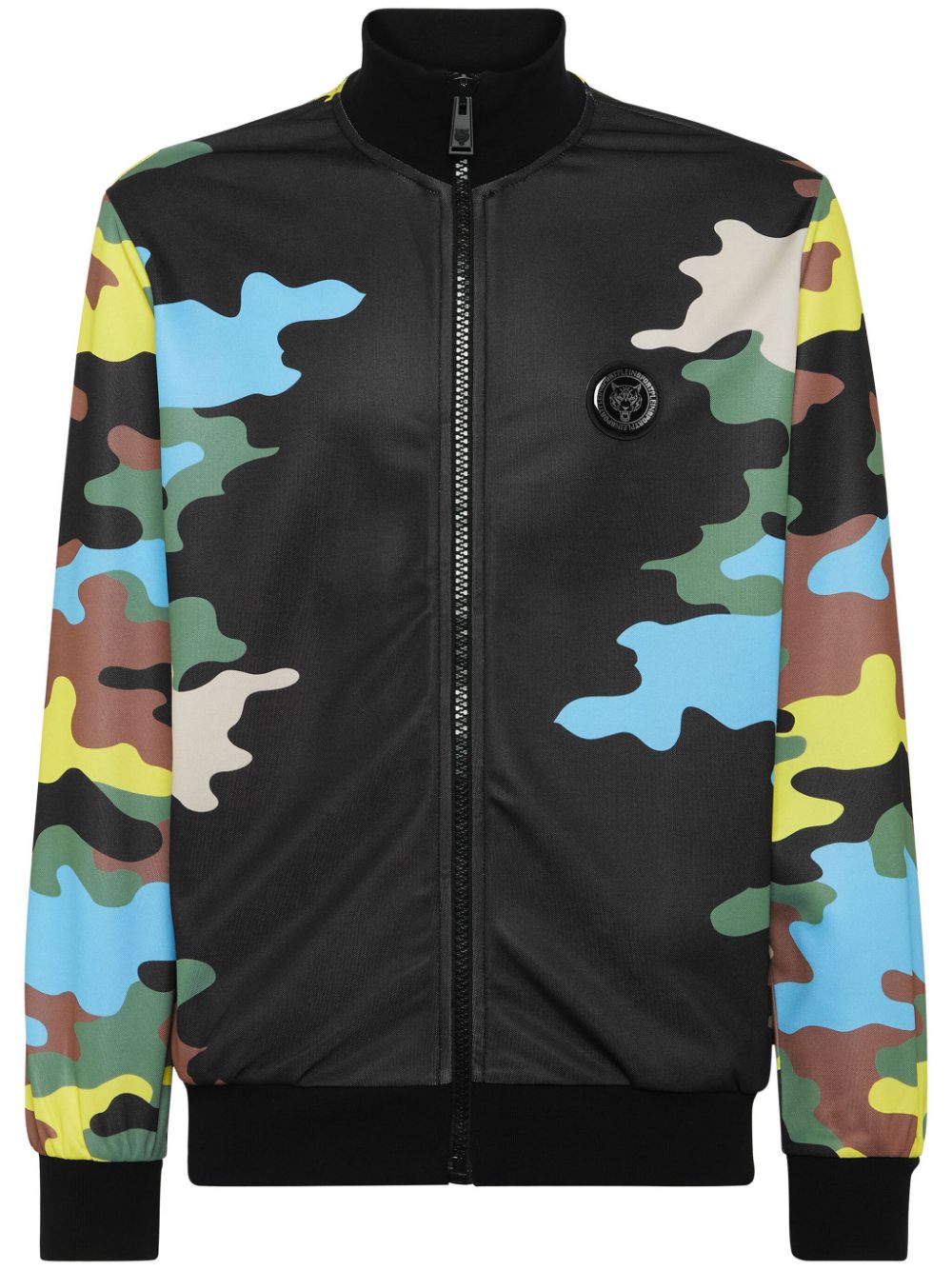 Plein Sport Camouflage-panelled Zip-up Jacket In Black