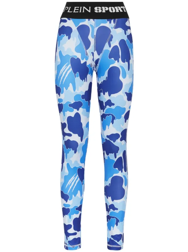 Plein Sport camouflage print logo waistband Leggings Blue FARFETCH CA