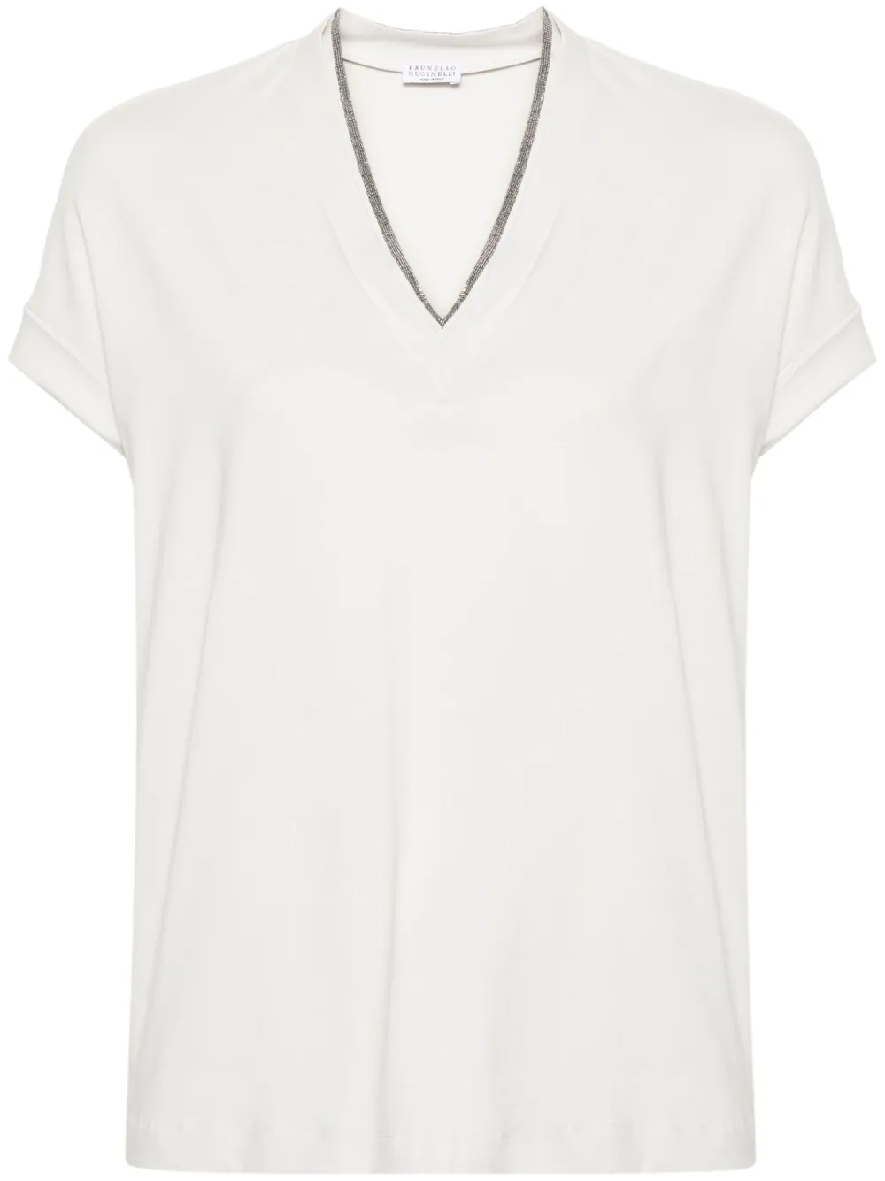 Brunello Cucinelli Stretch-katoenen T-shirt met kralen afwerking Grijs