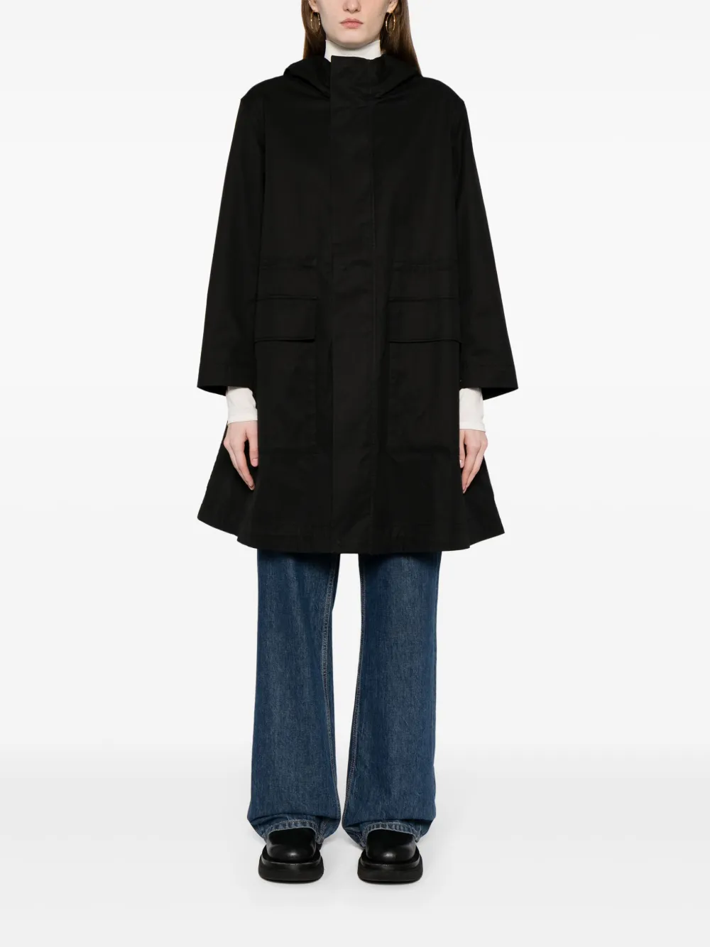 Shop Jnby Hooded Cotton Trench Coat In Black