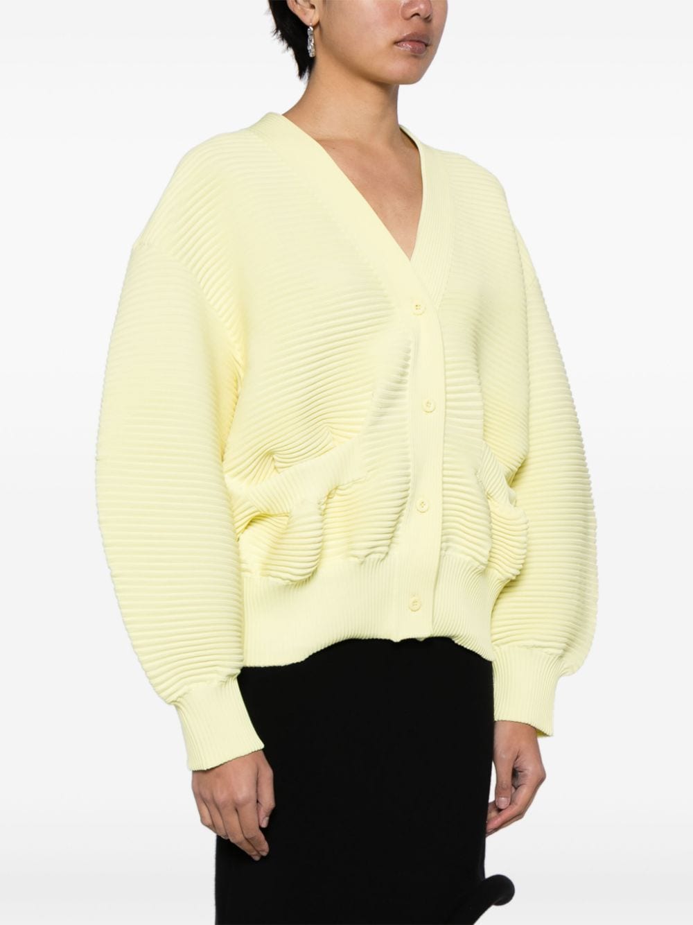 Shop Jnby Balloon-sleeve Ribbed Cardigan In Yellow