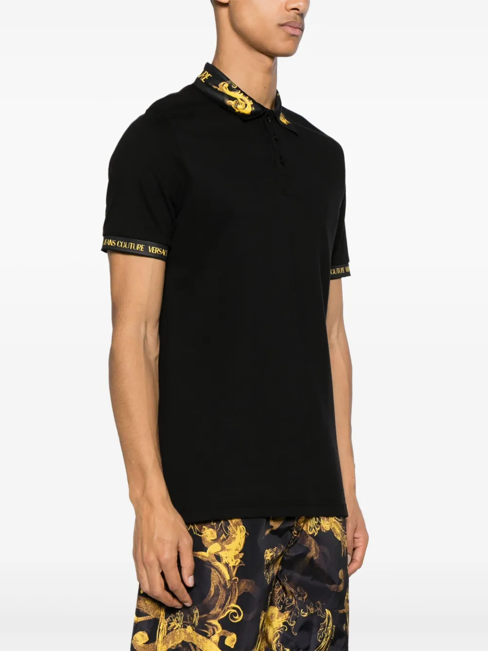 Shop Versace Jeans Couture Barocco-trim Cotton Polo Shirt In Black