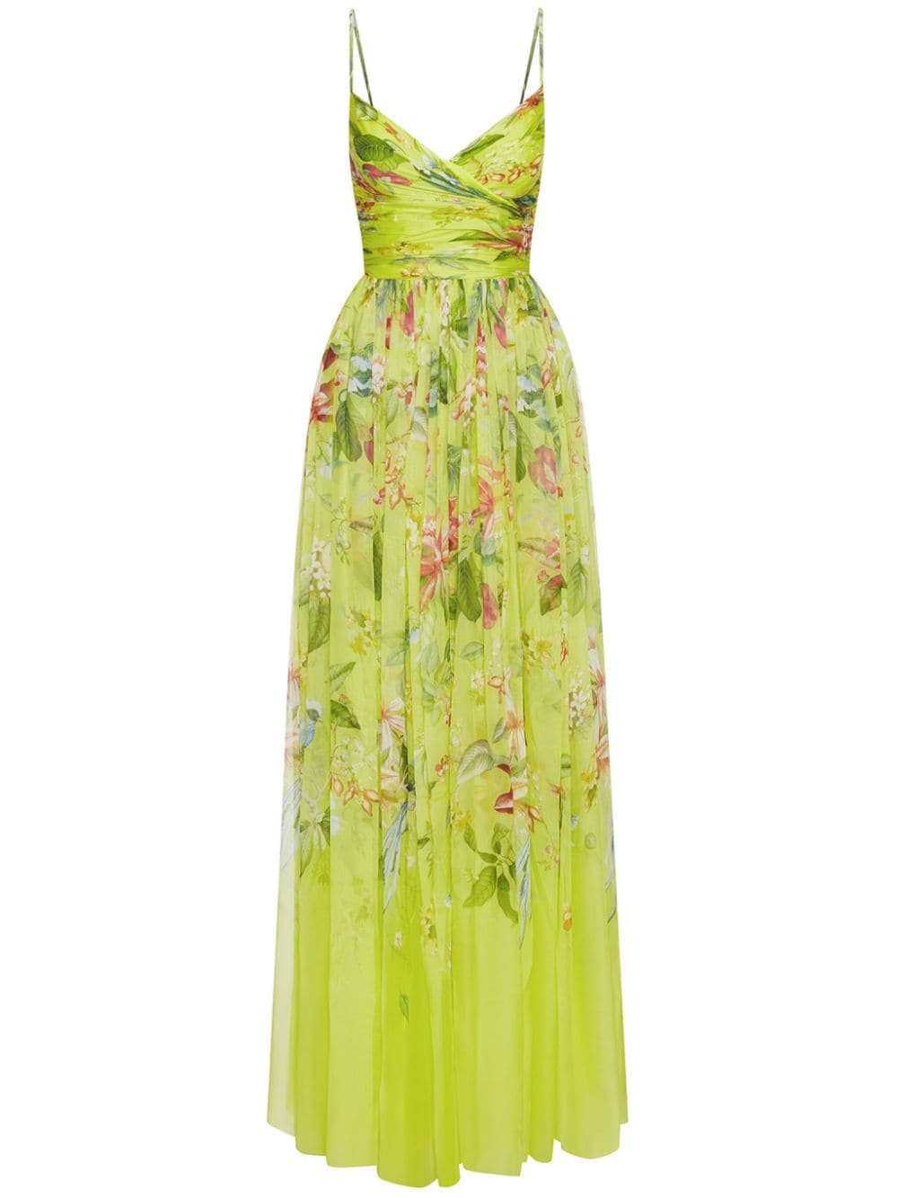 Shop Oscar De La Renta Degrade Flora & Fauna Draped-detail Maxi Dress In Yellow