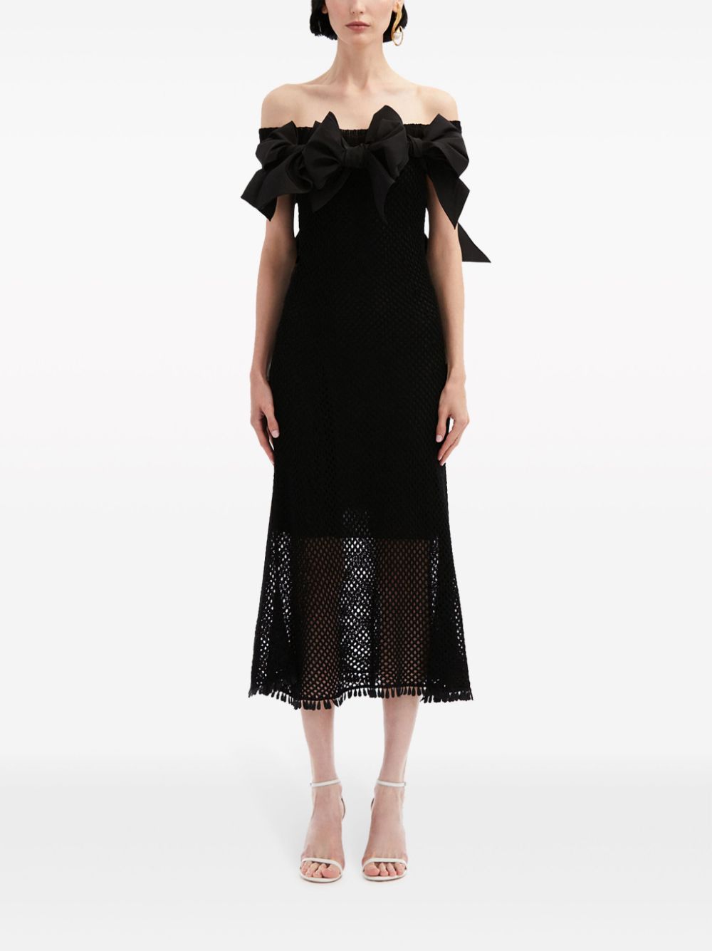 Shop Oscar De La Renta Bow-detail Open-knit Midi Dress In Black