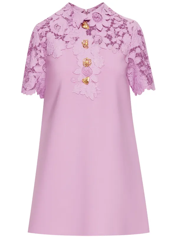Oscar de la Renta Mixed Botanical Guipure-panel Minidress in Pink