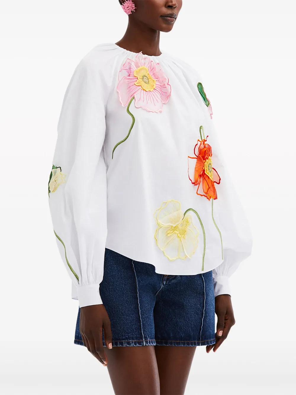 Shop Oscar De La Renta Flower-detail Round-neck Blouse In White