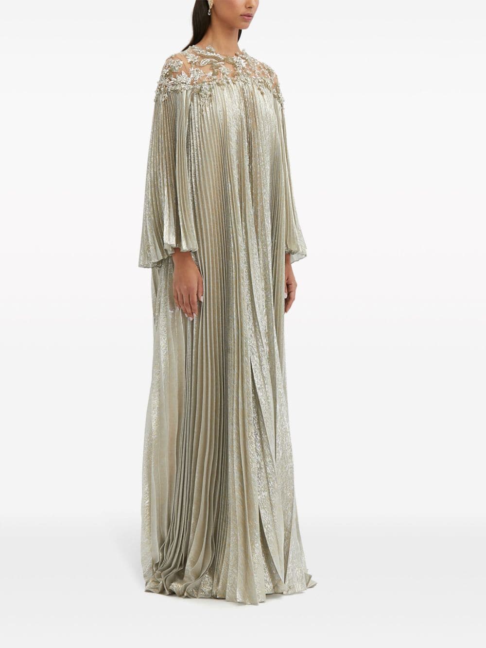 Shop Oscar De La Renta Pleated Crystal-embellished Caftan Dress In Silver