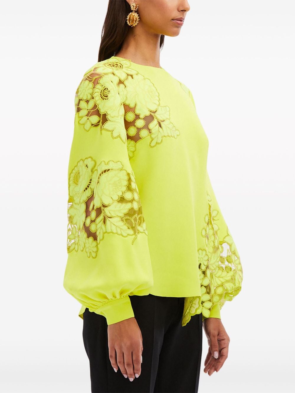 Shop Oscar De La Renta Floral-embroidered Silk Blouse In Yellow