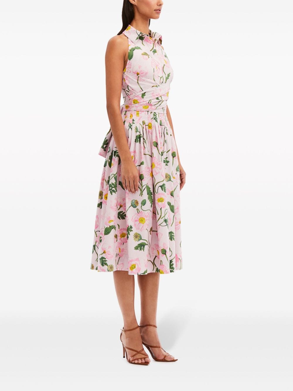 Shop Oscar De La Renta Painted Poppies-print Poplin Midi Dress In Pink