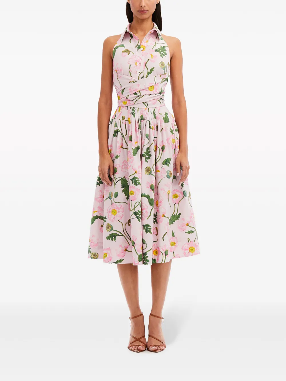 Shop Oscar De La Renta Painted Poppies-print Poplin Midi Dress In Pink