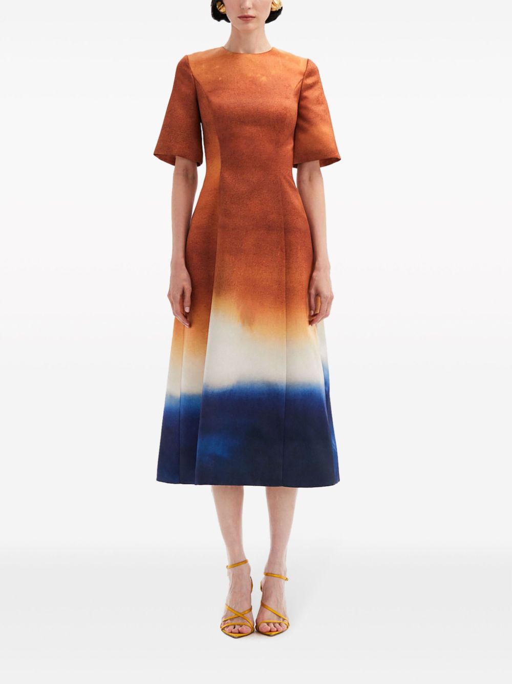 Shop Oscar De La Renta Abstract Ombré-print Satin Midi Dress In Orange