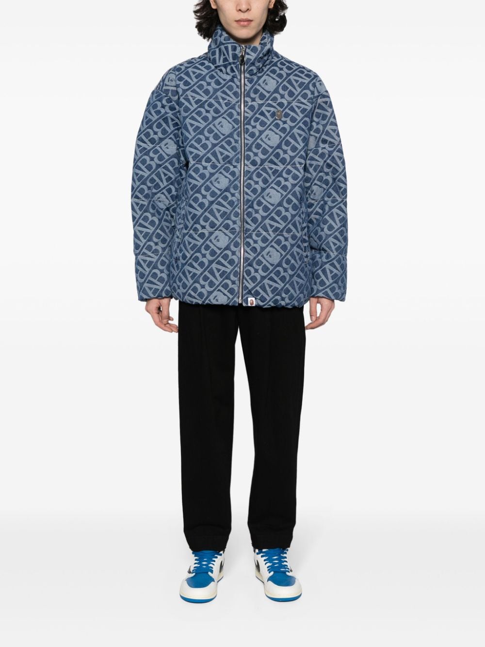 Shop A Bathing Ape Monogram-jacquard Denim Padded Jacket In Blue